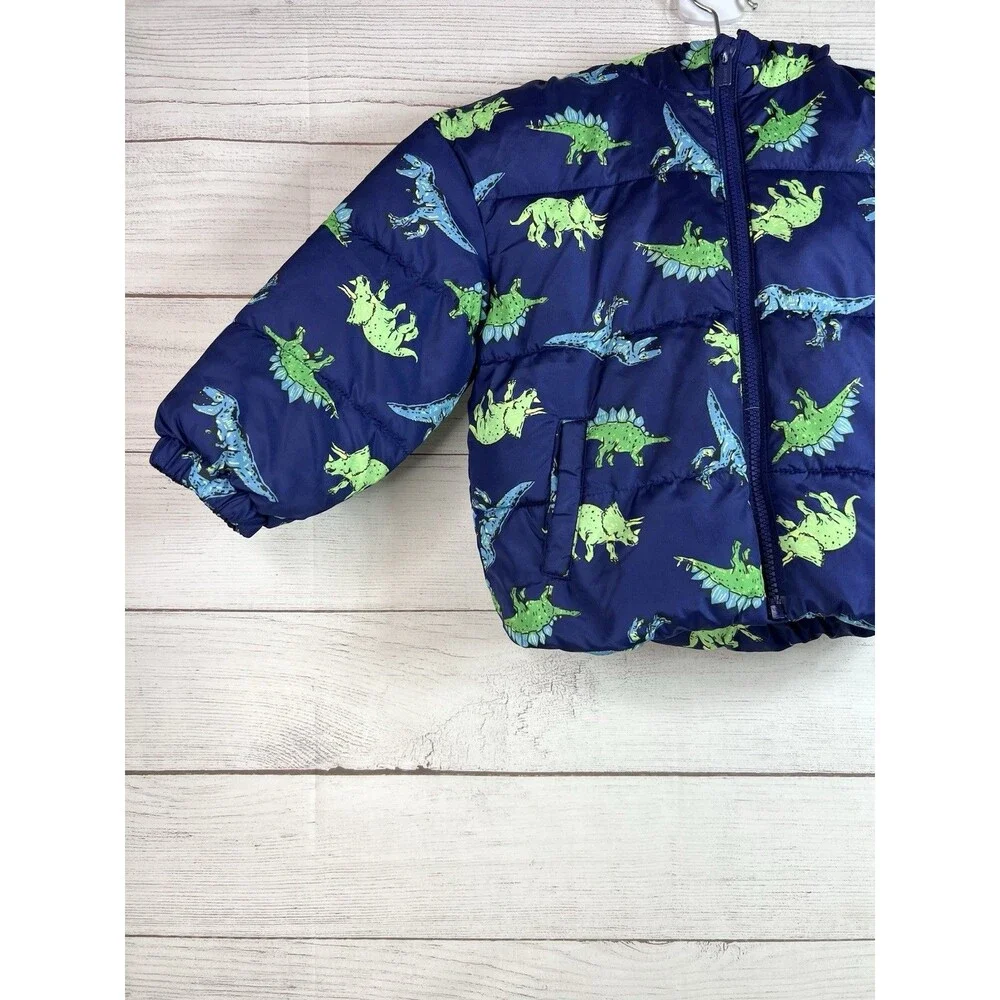 Old Navy Blue Dinosaur Hooded Puffer Jacket Coat Size 3T Fleece Lined Outdoor